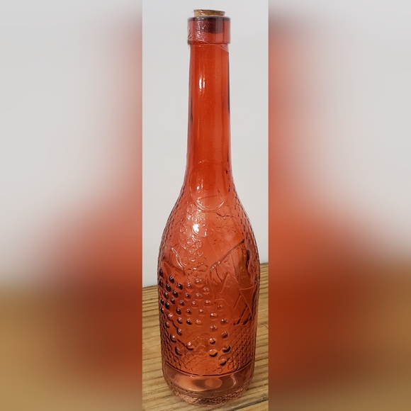 2 Decorative Glass Bottles Green Red Embossed Grapes and Leaves 12" X 3" - Picture 4 of 8